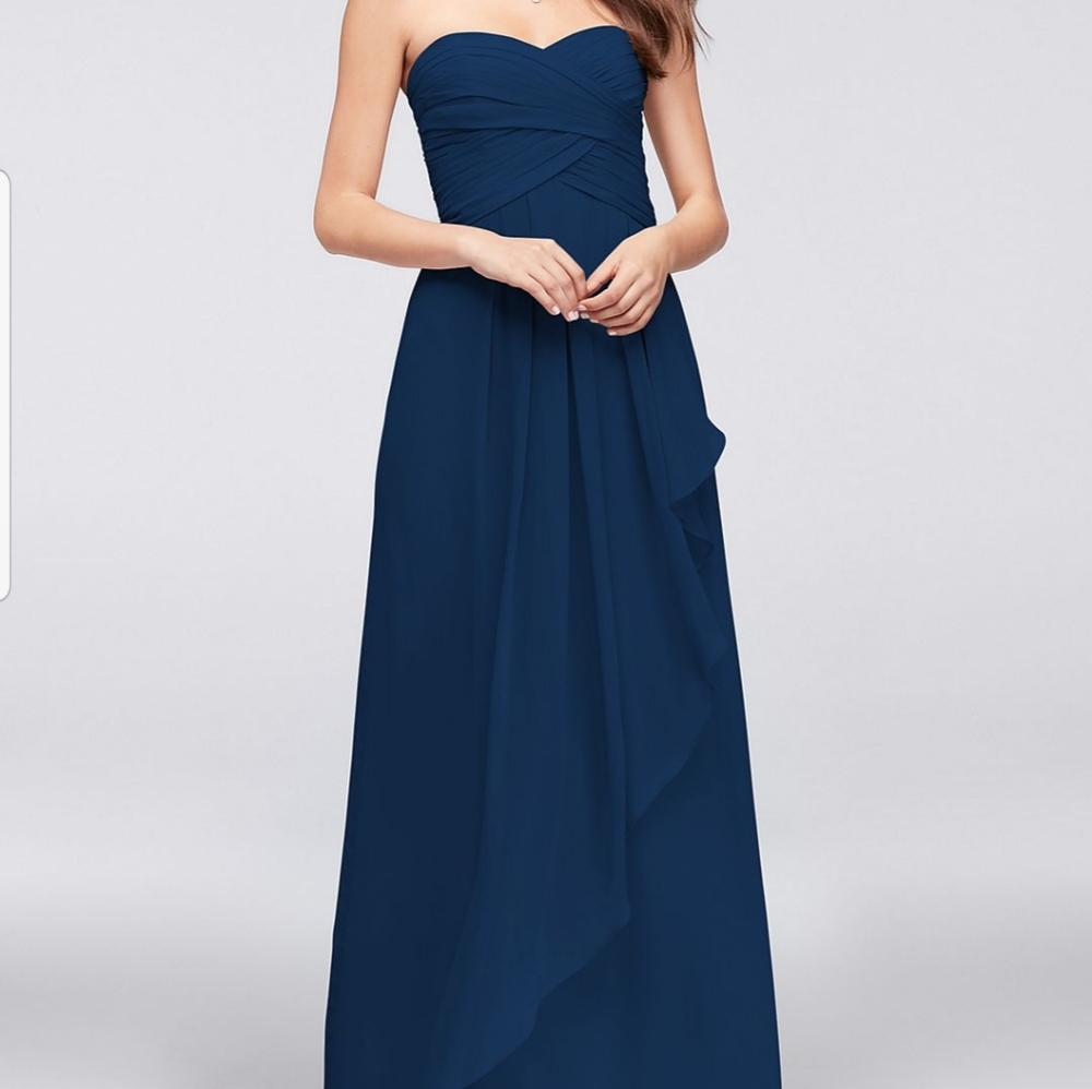 Navy Blue Strapless Crinkle Chiffon Dress (Navy) Prom, bridesmaids, formal gown